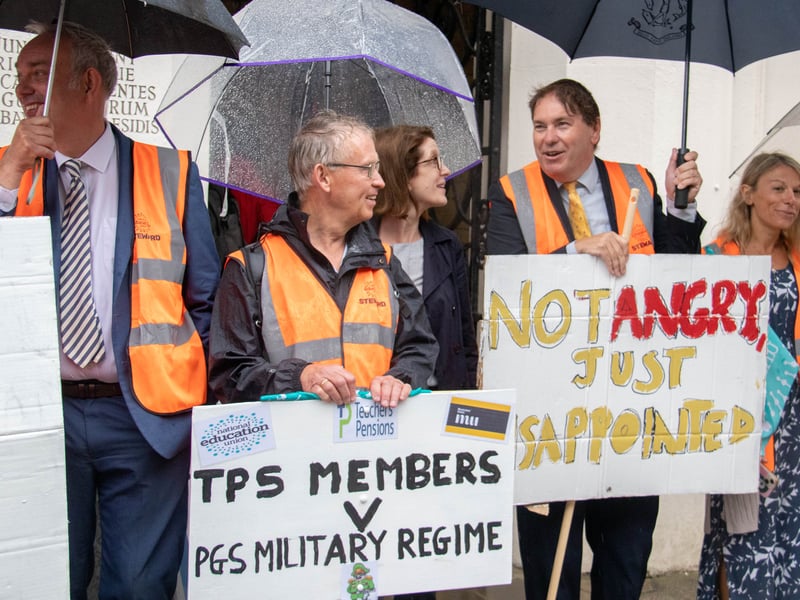 Teachers at Portsmouth Grammar School have gone on strike following an ongoing row regarding pensions. 

Pictured: Teachers and National Education Union reps at Portsmouth Grammar School

Picture: Habibur Rahman