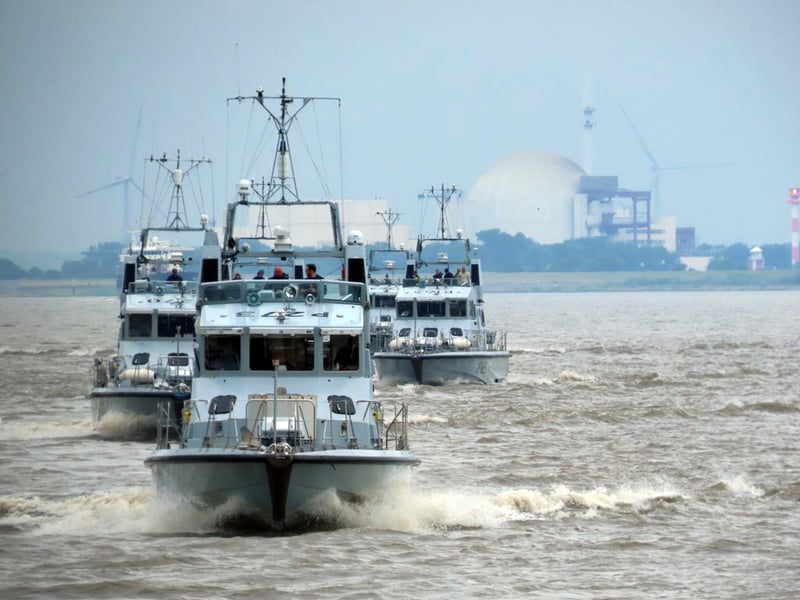 HMS Pursuer leads the P2000s out of Hamburg in formation to head back to the UK. They carried out a major Nato deployment in the Baltic.