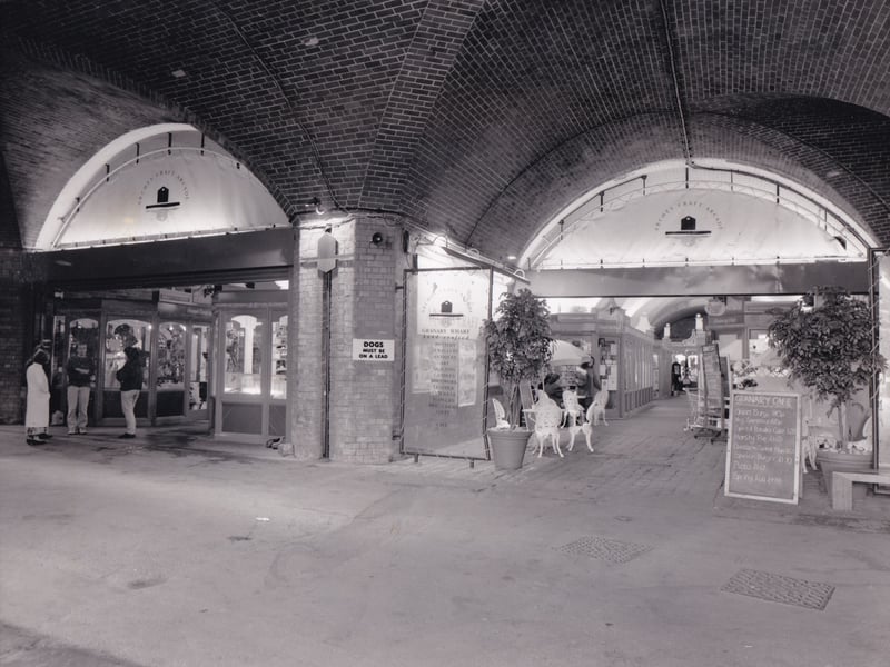Granary Wharf was an impressive part of Leeds's transport history. By 1995 it was home to a variety of leisure activities and the Arches Craft Arcade, a treasure trove of intriguing shops.