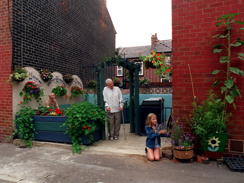 Binyards in Burley were enjoying a makeover. Young Carly Sykes arranges some of the flowers in the binyard in Kelsall Place. She is watched by her grandfather Edward Wade a resident and co-ordinator Gordon Defontenay, left. 