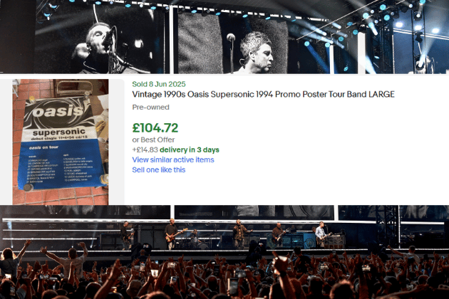A truly rare find, this large vintage 'Supersonic' 1994 promo poster offers a direct glimpse into the very beginning of Oasis's meteoric rise. Commemorating their debut single and early tour dates, it’s a foundational piece of Britpop history. Despite its pre-owned status, its scarcity and historical significance saw it sell for a notable £104.72, proving the value of early promotional material.