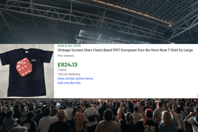 This vintage 1997 'Be Here Now' European Tour t-shirt, originally from Screen Stars, is a compelling piece from Oasis's ambitious album era. Featuring the distinctive red dice graphic, it’s a sought-after memento from their extensive global tour. In pre-owned condition, this size large tee commanded an impressive £824.13, proving the immense value placed on authentic tour apparel from significant periods in the band's history.