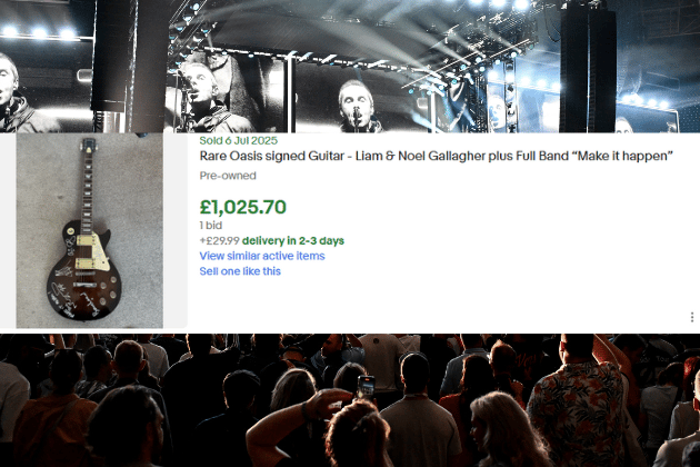 An extraordinary and exceptionally rare collector's item, this guitar features authentic signatures from Liam and Noel Gallagher, alongside the full band, accompanied by the inspiring phrase "Make it happen." This pre-owned, signed instrument transcends typical merchandise, representing a truly unique piece of rock history. Its unparalleled rarity and direct connection to the band led to a significant sale price of £1,025.70, affirming its status as a top-tier collectible.