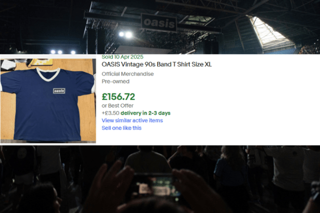 A quintessential piece of 90s Oasis wear, this vintage official band t-shirt (Size XL) captures the band's iconic understated style. The classic blue ringer design with the subtle Oasis logo is instantly recognizable to any true fan. This pre-owned garment fetched a respectable £156.72, demonstrating the consistent demand for authentic and well-preserved memorabilia from their golden age.