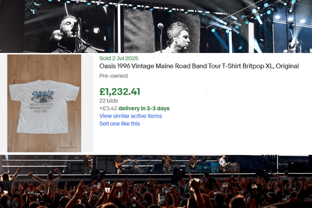 This original, vintage Oasis 1996 Maine Road Tour T-Shirt is a bona fide piece of Britpop heritage. Commemorating one of the band's most legendary concerts, its simple yet powerful design instantly evokes the spirit of that defining moment. Its undeniable historical significance made it the subject of a fierce bidding war, ultimately selling for an astonishing £1,232.41, a clear indicator of its extreme desirability.