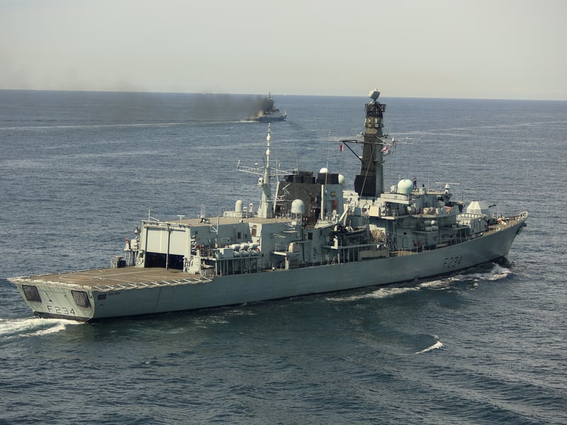 HMS Iron Duke and other Royal Navy assets were deployed from Portsmouth to stalk several Russian ships sailing in British waters. Pictured: The Type 23 frigate shadowing RFN Boikiy