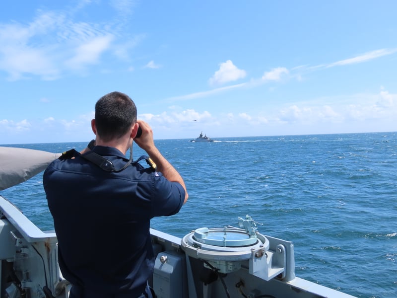 HMS Iron Duke and other Royal Navy assets were deployed from Portsmouth to stalk several Russian ships sailing in British waters. Pictured: Sailors track RFN Soobrazitelny
