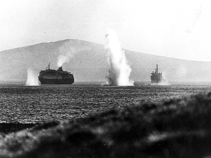 RFA Olna, an Ol-class fast fleet tanker, played a vital role during The Falklands War as part of the task force with HMS Bristol. She’s pictured alongside MV Norland, HMS Intrepid and Fort Austen, in Bomb Alley. She was sold to the Eckhardt Organisation for scrap in February 2001.The ship was towed away from Portsmouth and headed to the Alang Ship Breaking Yard in India.