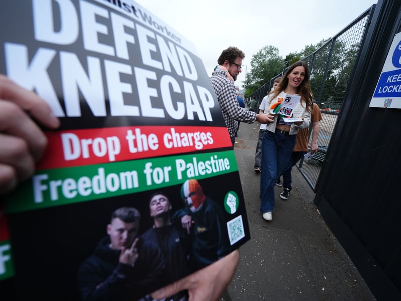 'Defend Kneecap' posters outside the O2 Academy gig in Glasgow.