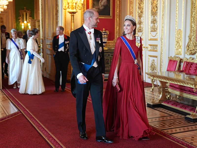 The Princess of Wales dazzled in a dark red silk creponne Givenchy evening gown
