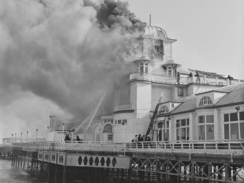 A fire on the South Parade Pier in Southsea, Portsmouth, on June 11, 1974. The pier caught fire during the filming of the Ken Russell movie 'Tommy'.
