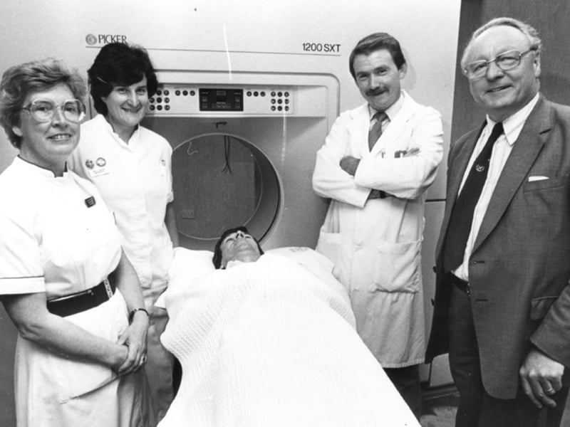Staff at Sheffield's Royal Hallamshire Hospital, where a new body scanner had just been installed, in July 1985