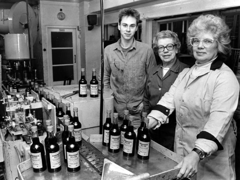 Staff at the old Henderson's Relish factory on Leavygreave Road, Sheffield, in 1987. Pictured from left to right are Duncan Gillespie, maintanance engineer; Constance Freeman; and Kathleen Spivey, manager.