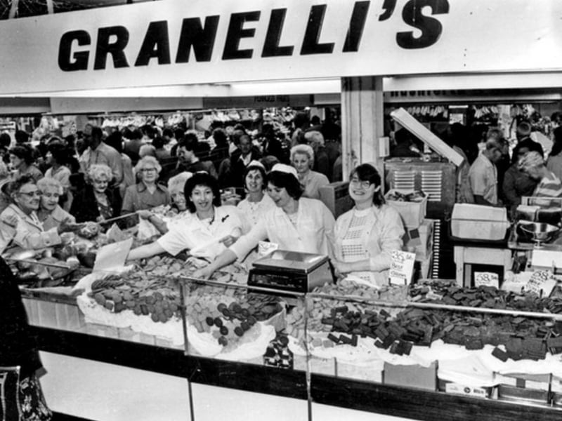 Staff at Granelli's confectionery stall at Sheaf Market, Sheffield, in August 1985