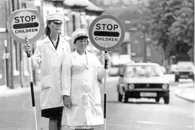 Lollipop ladies on Sharrow Lane, Sheffield, in July 1986
