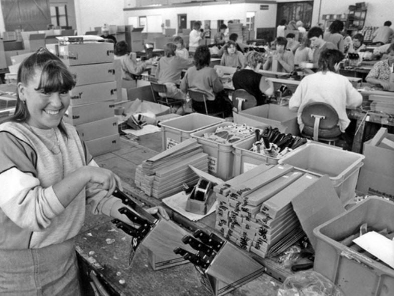 Staff in the packing deprtment at Richardson's cutlery factory, Sheffield, in June 1987