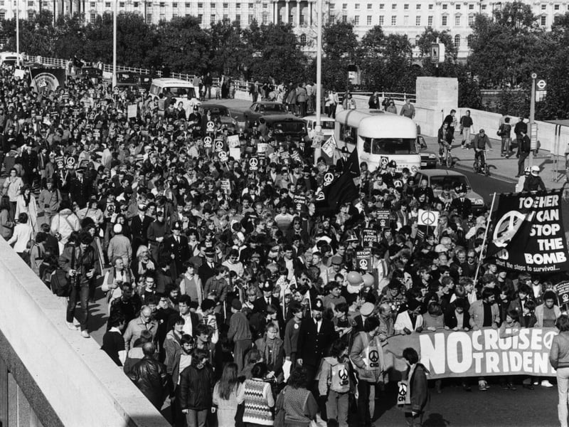 Supporters of CND (Campaign for Nuclear Disarmament) march through London to demonstrate against the deployment of Cruise and Trident nuclear missiles in Britain, in October 1983