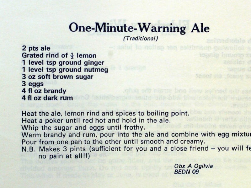 A recipe for 'one-minute-warning ale', made with copious amounts of ale, brandy and rum, which assures readers they will 'feel no pain at all' in the event of a nuclear attack. It is one of the recipes from the York Cold War Bunker's own cook book.