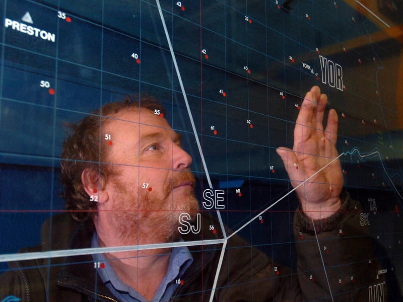Bunker expert Roger Thomas in the English Heritage nuclear shelter in York, built during the Cold War, with a Perspex screen showing plotting stations across the region.