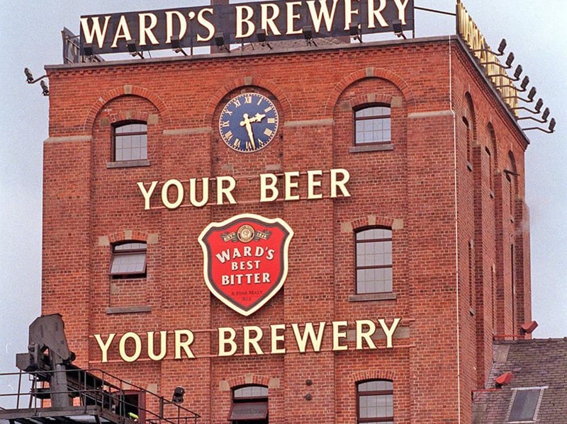 Ward's Brewery on Ecclesall Road, Sheffield, in 1998, with the new signs in place on the Brew Tower