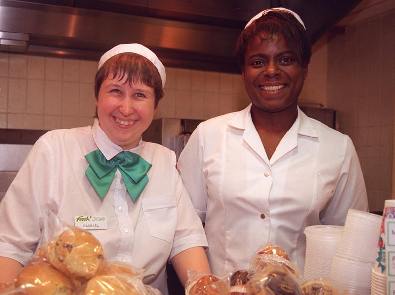 Rachael Moore and Kets Calvin at The Upper Crust sandwich bar at Sheffield railway station, where Lottery winner Liz Marshall plans to return to work, in 1997