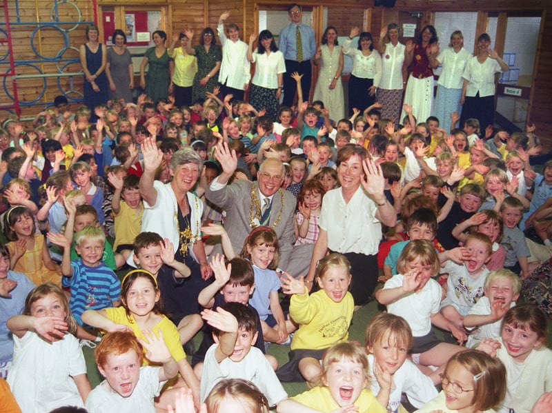 Staff and pupils at Nether Green Infant School, Sheffield, celebrate with the Lord Mayor and Mayoress after recieving a glowing Ofsted report in 1999