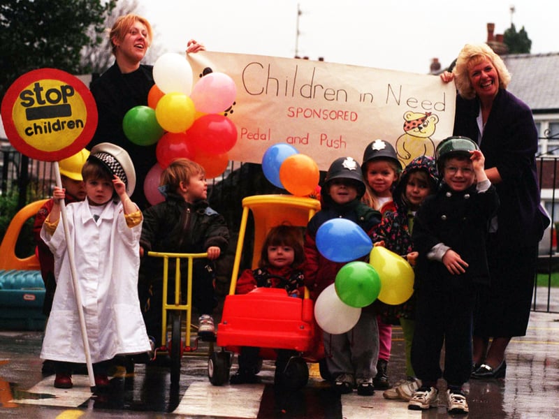 Staff and children at the Cornerhouse Nursery in Hillsborough, Sheffield, set off on their charity walk for Children in Need in November 1997