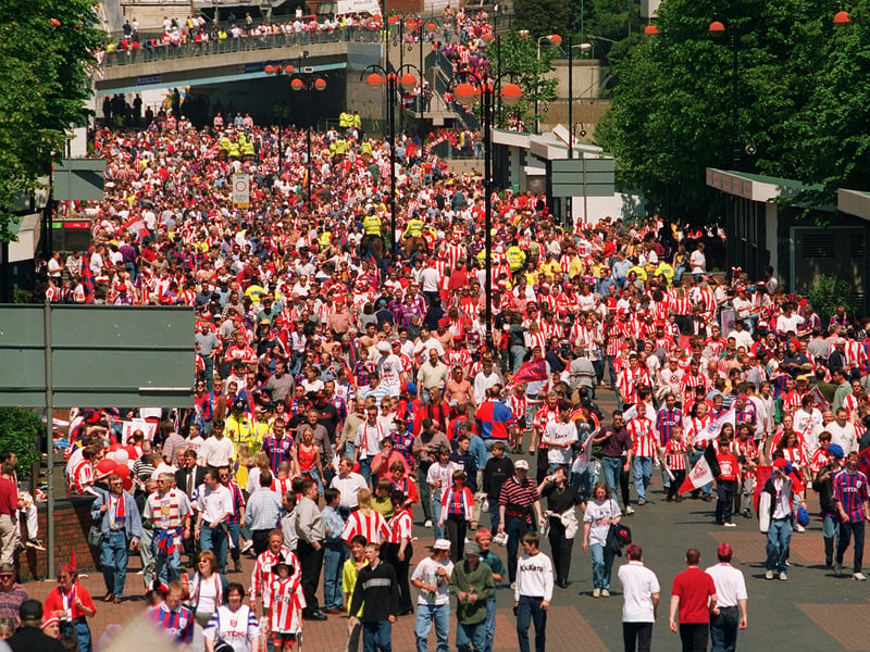 Sheffield United fans make their way down Wembley Way ahead of the 1997 Football League First Division play-off final against Crystal Palace, which ended in heartbreak for the Blades