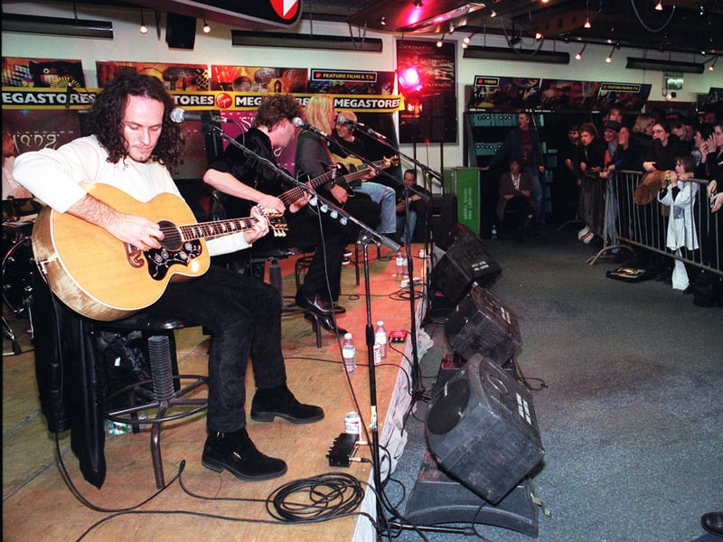Sheffield rock legends Def Leppard play an acoustic set at Virgin Megastore in 1996