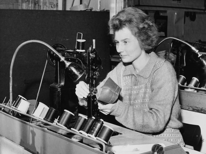 Uppers being stitched at a shoe factory in Northampton in February 1964