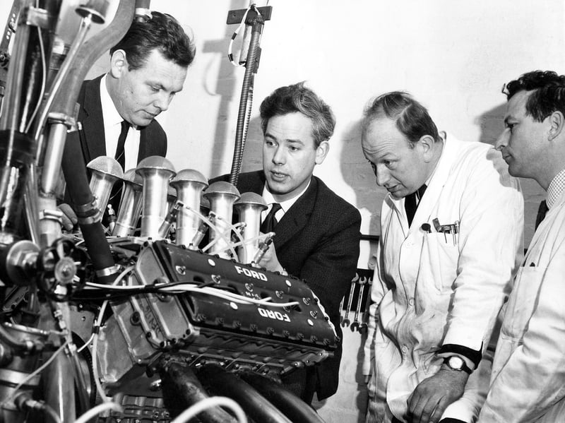 The design and development team of the Ford Cosworth V8 engine at Cosworth Engineering, Northampton, in February 1970. Pictured from left to right are Bill Brown, Keith Duckworth, Mike Costin and Ben Rood.