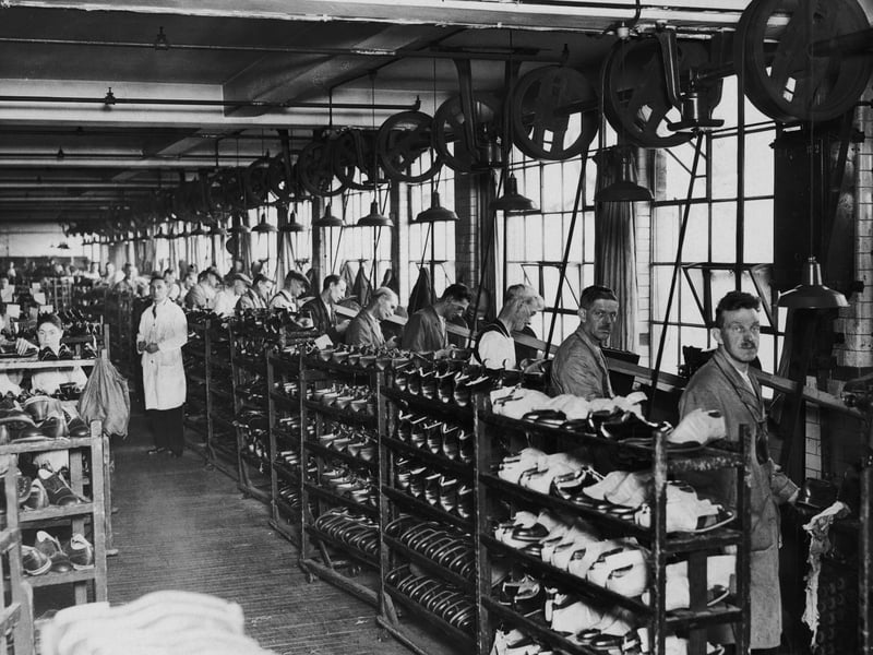 The shoe department of the J. Sears & Co True-form Boot Company factory in Northampton, in around 1931