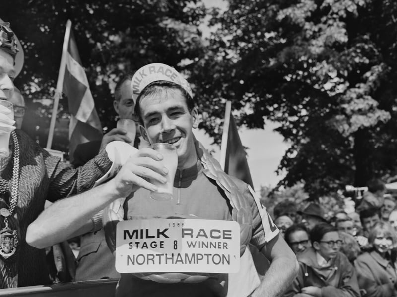 British cyclist Les West celebrates after winning Stage 8 of the Milk Race, or Tour of Britain, in Northampton, on June 5, 1966