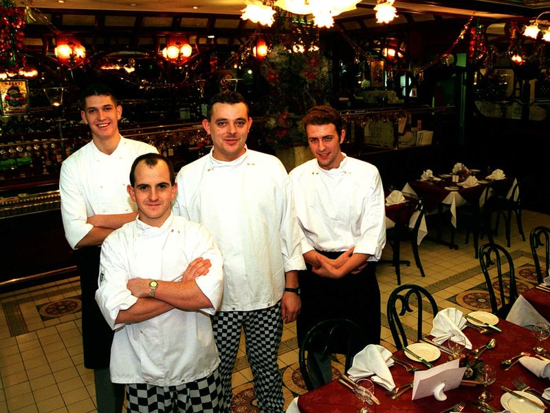 Second chef Andrew Myers, pastry chef Alex Bamford, head chef Paul MacNeil, and commis chef Chris Lancaster at the Brasserie Leo restaurant, London Road, Sheffield, in 1998