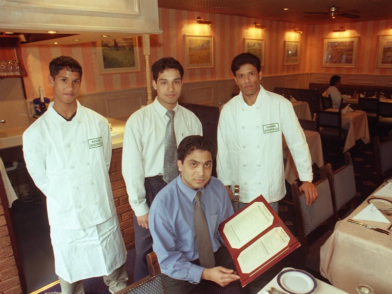 Manager Amlak Miah with cook Nazir, waiter Shajid and chef Ali (Sher Khan) at Hakims Indian Restaurant, London Road, Sheffield, in 1999