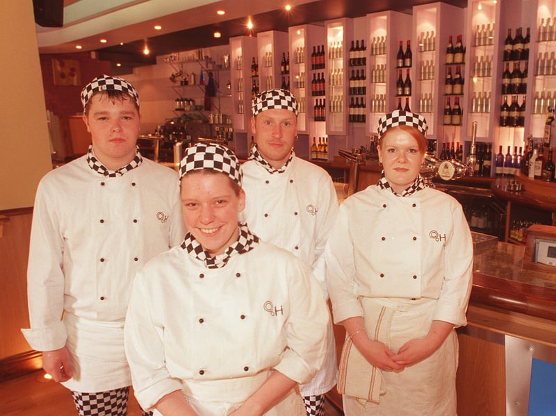 Kitchen staff Michael Hill, Anya Payling, kitchen supervisor John Scarrott, and Riana Marson at the revamped Hanrahans Bar and Restaurant, Glossop Road,  Sheffield, in 1999