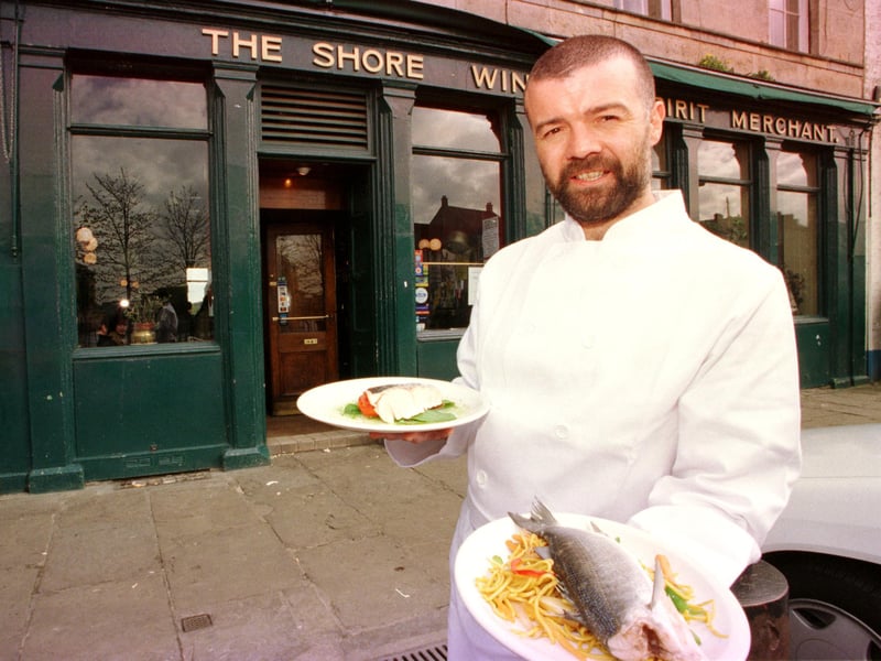 Chef Innes Gibson outside The Shore restaurant, Leith, in 1999