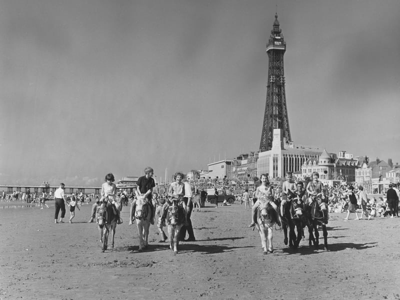 Donkey rides on the beach at Blackpool in August 1965