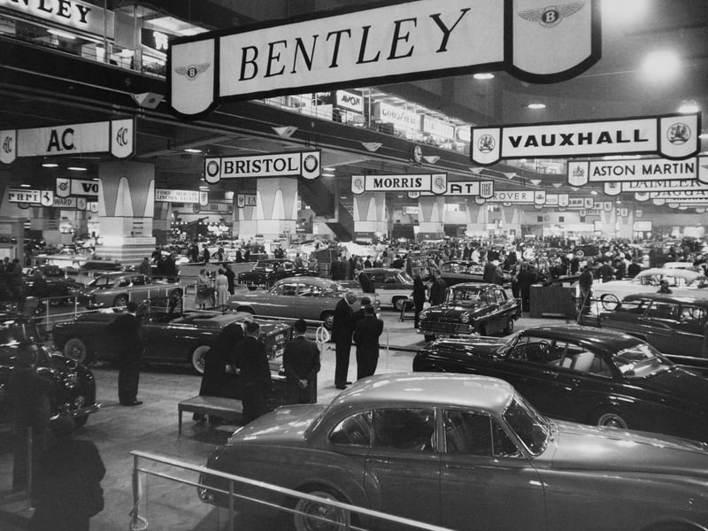 Displays models from manufacturers including Bentley, Bristol, Morris, Vauxhall and Aston Martin at the 1960 Motor Show