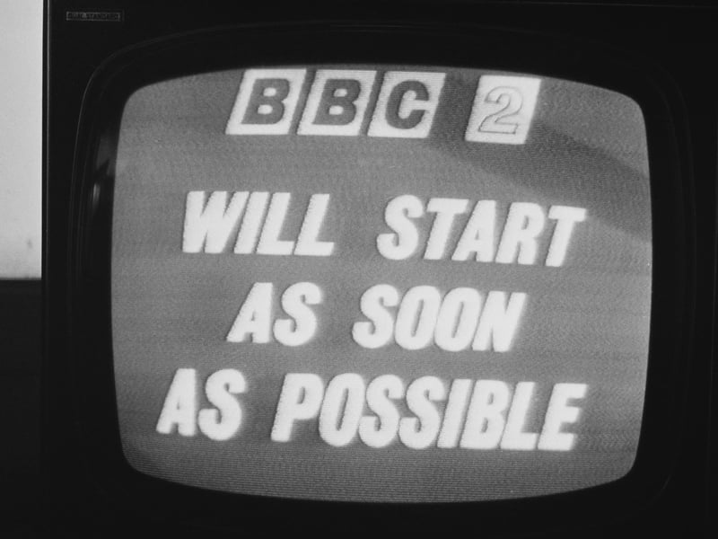 A TV screen displaying a message of interruption of programming in April 1964, after the launch of BBC Two