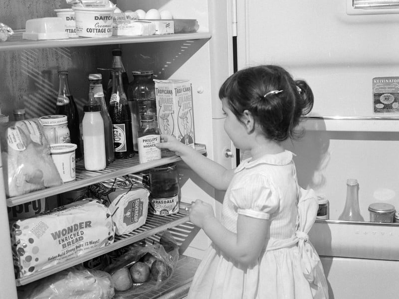 A young girl looks for something tasty in the fridge in 1960