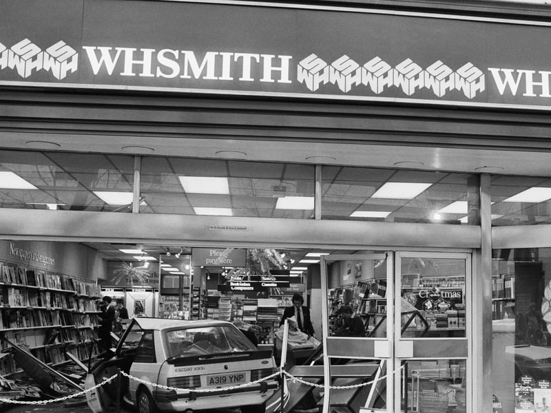 A car which crashed through the window of of a WHSmith store in December 1984