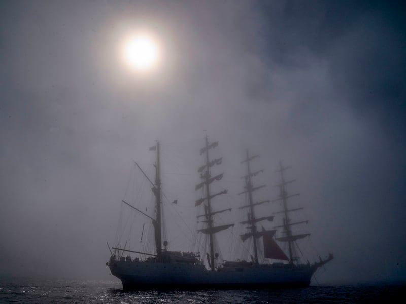 The tall ship Bap Union is surrounded by sea mist at it waits to enter the harbour on Thursday. The ship was the first sail training ship of the Peruvian Navy, launched in 2015 after a three year building project that took place in Spain