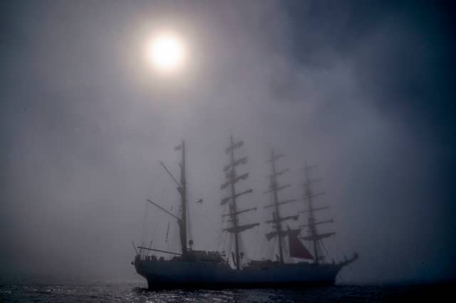 The tall ship Bap Union is surrounded by sea mist at it waits to enter the harbour on Thursday. The ship was the first sail training ship of the Peruvian Navy, launched in 2015 after a three year building project that took place in Spain