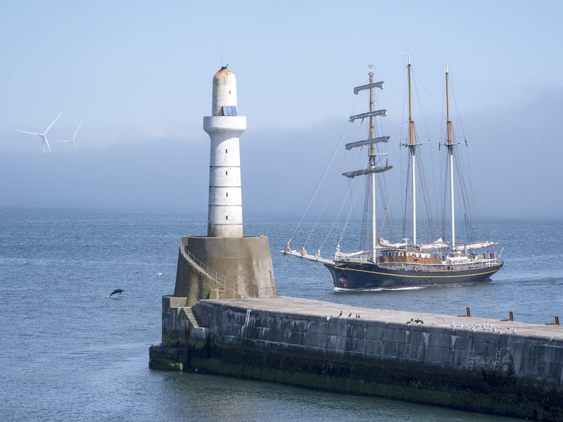 Another image of the Gulden Leeluw entering the harbour, as a dolphin swims nearby. The classic, sturdy ship offers space for up to 200 passengers