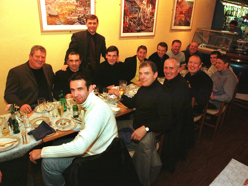 Ex-Hearts players at Lazio's Italian restaurant, on Lothian Road, before attending the local derby between Hearts and Hibs in December 1999