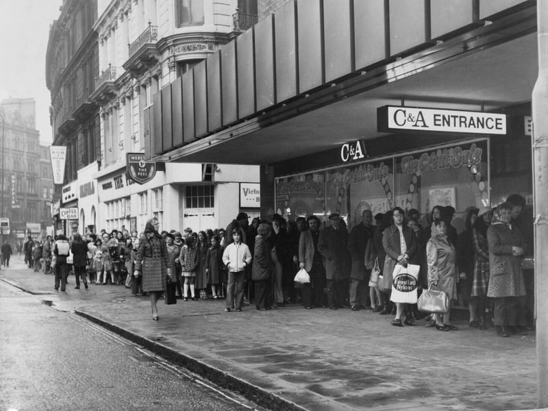A huge queue is seen outside C&A here for the New Year sales, on January 1, 1973. The fashion chain began life in the Netherlands and was a major force on the UK high street for many decades. C&A's last UK stores closed in 2001, but it still has more than 1,500 stores worldwide.