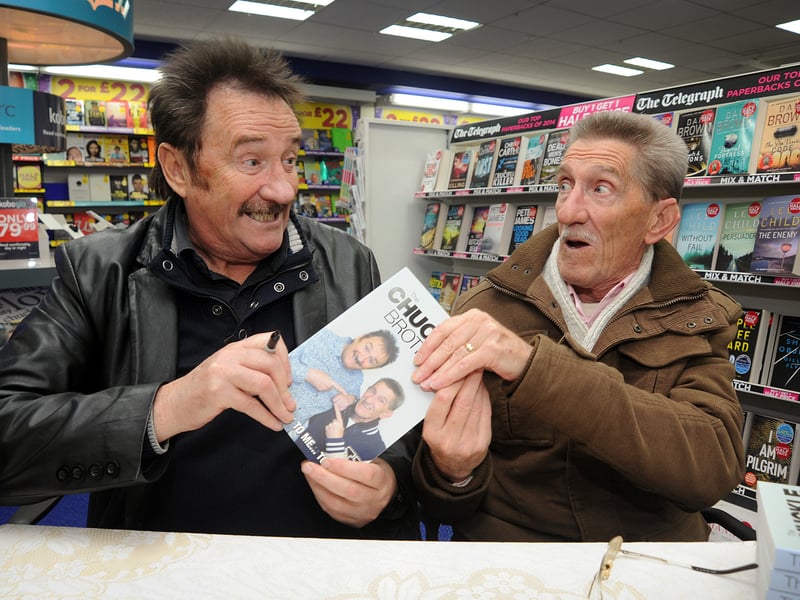 Children's entertainment legends the Chuckle Brothers, Paul and Barry Elliott, pictured at WHSmith in Blackpool to sign copies of their book '50 years of To Me... To You' in 2014