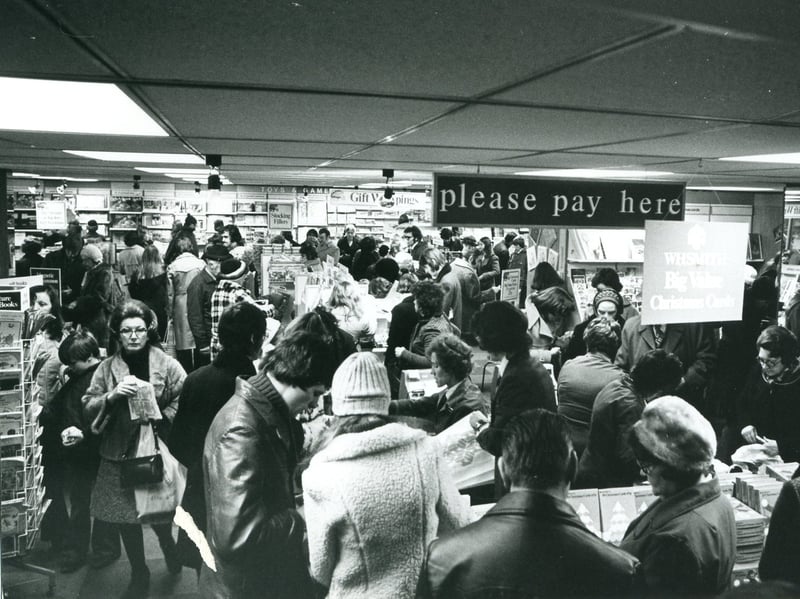 Christmas shopping at a WHSmith store in Blackpool in 1975