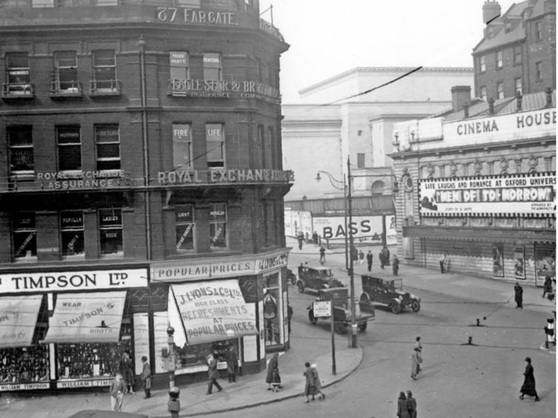 Town Hall Square, Sheffield, looking towards Barker's Pool, in 1935, with Timpson shoe shop and J. Lyons and Co team rooms on the left, and Cinema House on the right